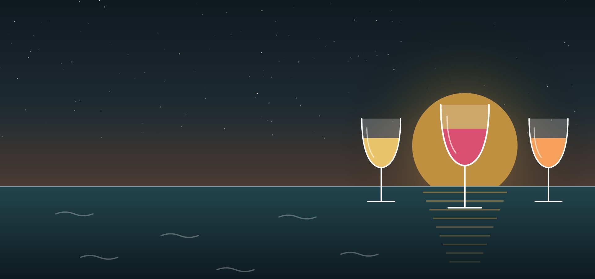 Três taças de drinks 6TOU diante do mar ao anoitecer, com a lua dourada